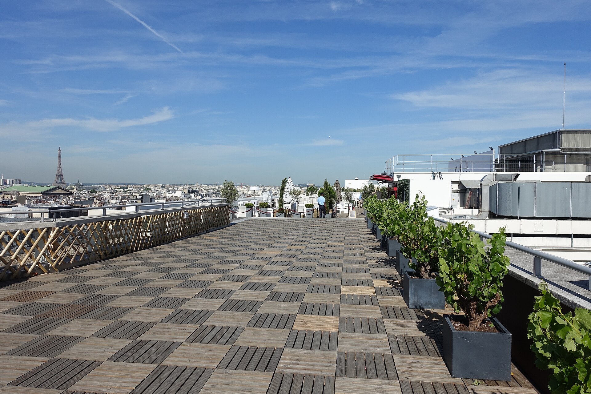 Une terrasse en rooftop parisienne dominant les toits, avec la Tour Eiffel à l'horizon