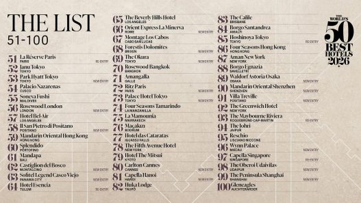 THE WORLD'S 50 BEST HOTELS 2026 ANNONCE LA LISTE COMPLÉMENTAIRE D'ÉTABLISSEMENTS CLASSÉS AUX PLACES 51-100